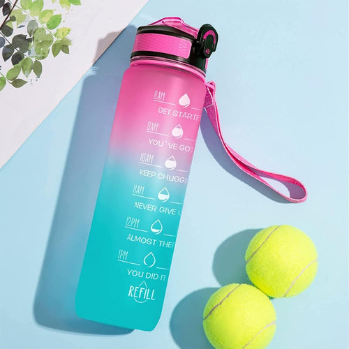 Gradient Motivational Water Bottle with Time Marker & Strap – Stay Hydrated All Day