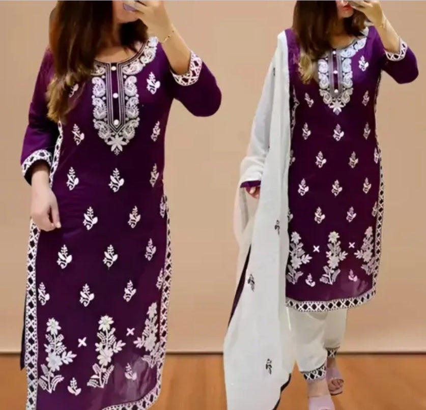 Premium Purple Embroidered Kurti Set for Women | White Dupatta & Pants | Festive & Casual Wear
