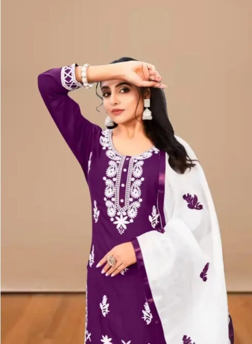 Premium Purple Embroidered Kurti Set for Women | White Dupatta & Pants | Festive & Casual Wear