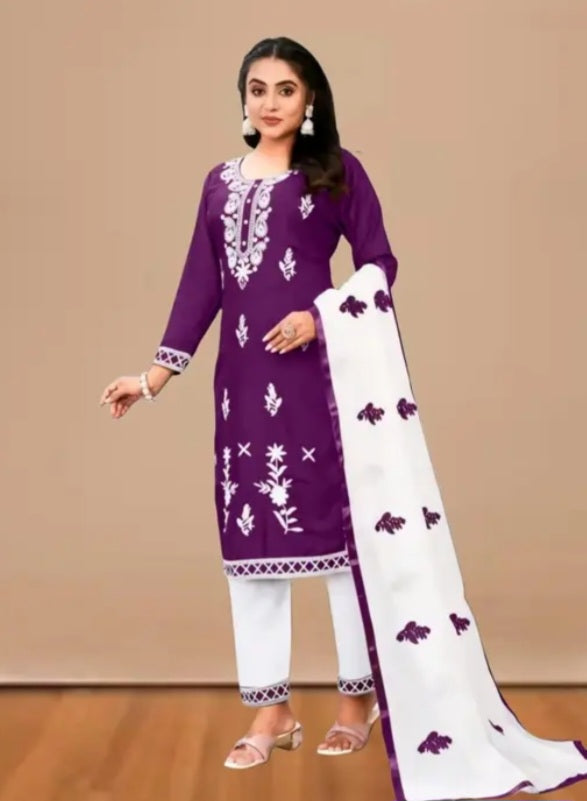 Premium Purple Embroidered Kurti Set for Women | White Dupatta & Pants | Festive & Casual Wear