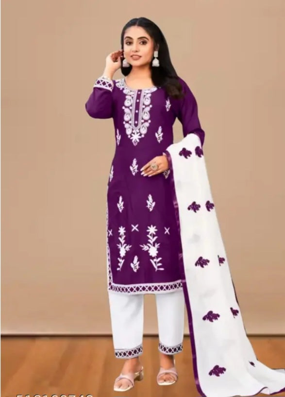 Premium Purple Embroidered Kurti Set for Women | White Dupatta & Pants | Festive & Casual Wear