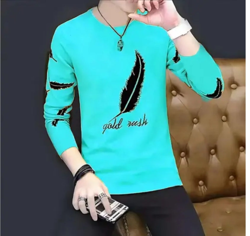 Trendy Feather Print "Gold Rush" Long Sleeve T-Shirts for Men – Stylish Round Neck Casual Wear