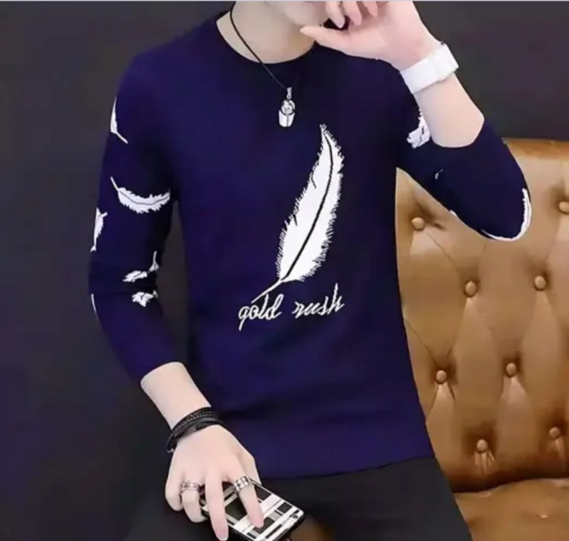 Trendy Feather Print "Gold Rush" Long Sleeve T-Shirts for Men – Stylish Round Neck Casual Wear